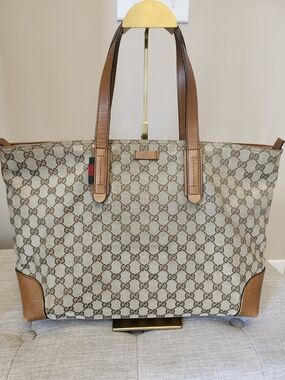 Gucci GG Tan Canvas Sherry Line Shoppers Tote Bag With Leather Accents